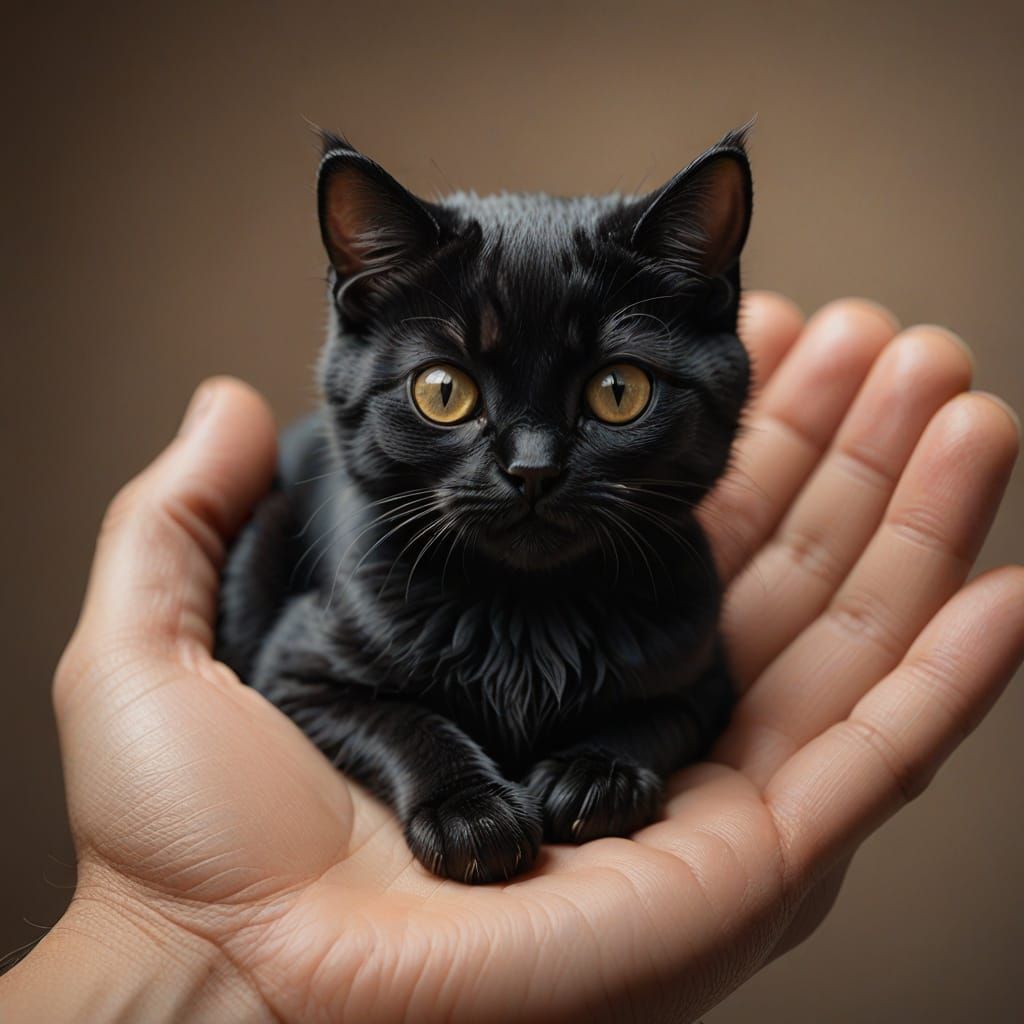 Miniature Black Cat Curled in Palm, Fantasy Realism