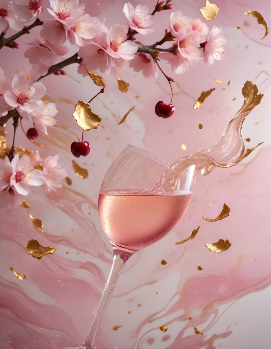 Sparkling Rosé with Cherry Blossoms and Gold Leaf