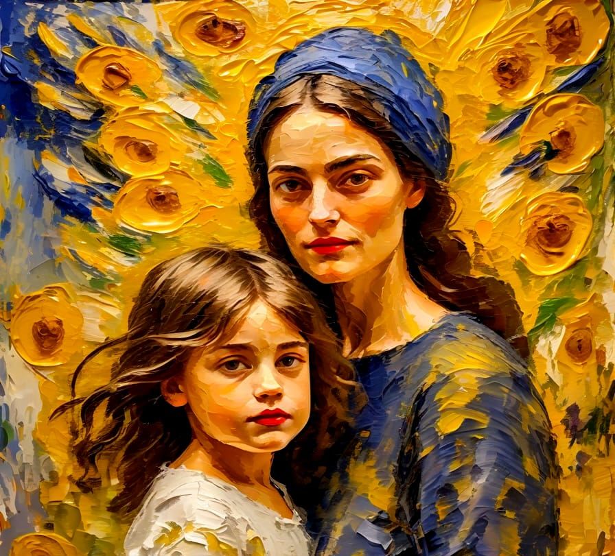 Loving Mother and Child Portrait in Neo-Expressionist Style