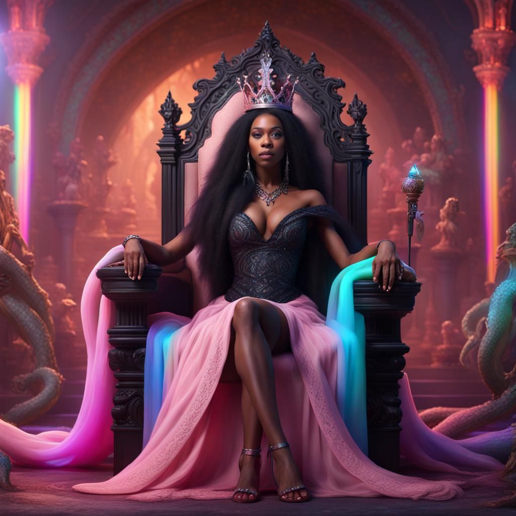 Black Queen on Rainbow Throne: Detailed Fantasy Art