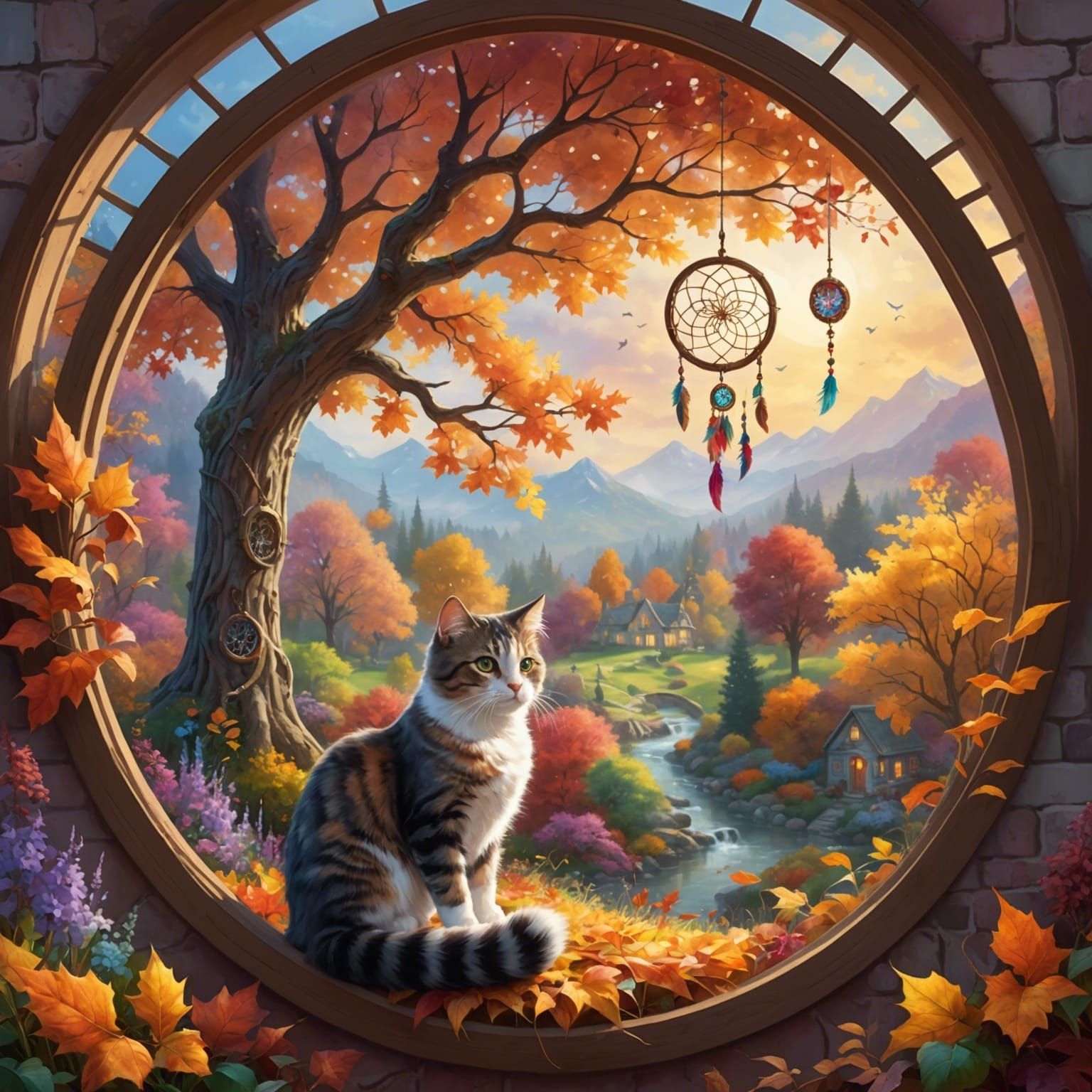Cute Cat Gazing at Autumn Garden Through Round Window
