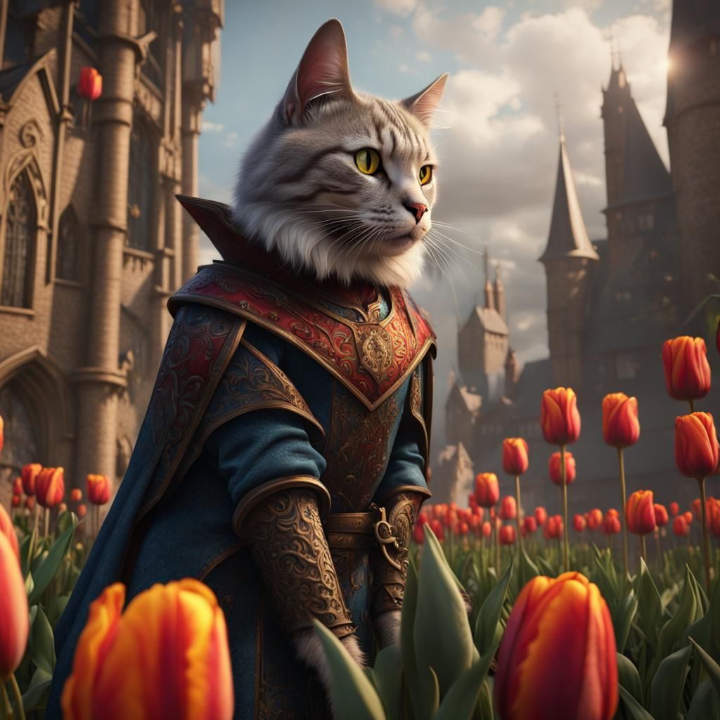 Medieval Cat Rides a Tulip: Fantasy Concept Art