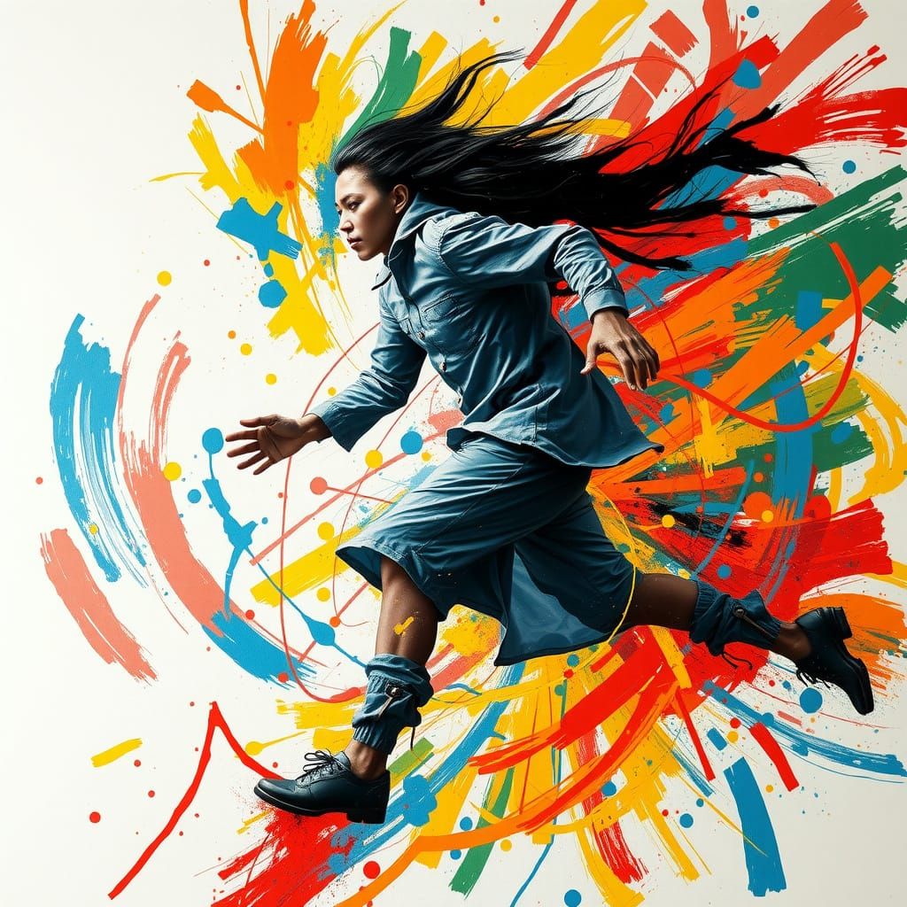 Dynamic Figure Surrounded by Vibrant Brushstrokes