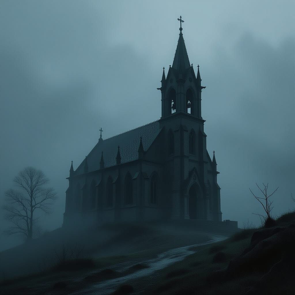 Gothic Church on Hilltop in Fog, Cinematic Horror Style