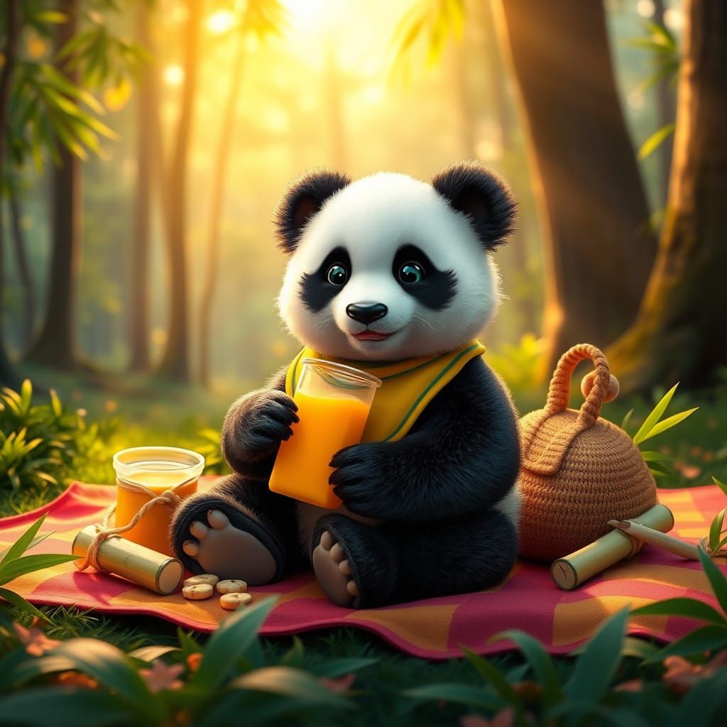 Whimsical Baby Panda in Vibrant Forest Glade