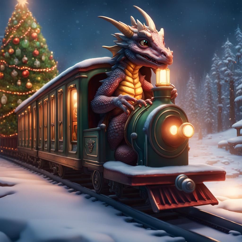 Baby Dragon Drives Christmas Train: Fantasy Art