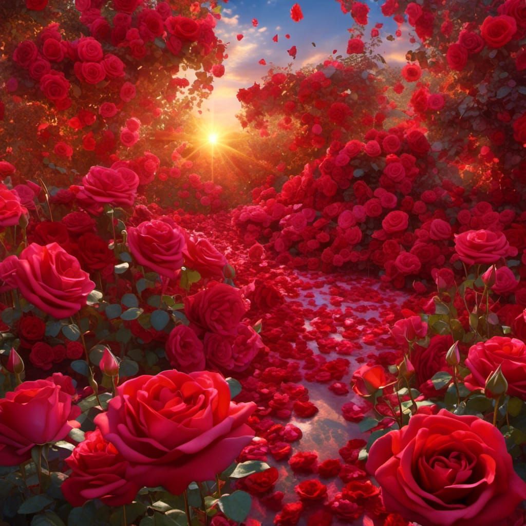Hyperrealistic Red Rose Shimmers in Sunlight