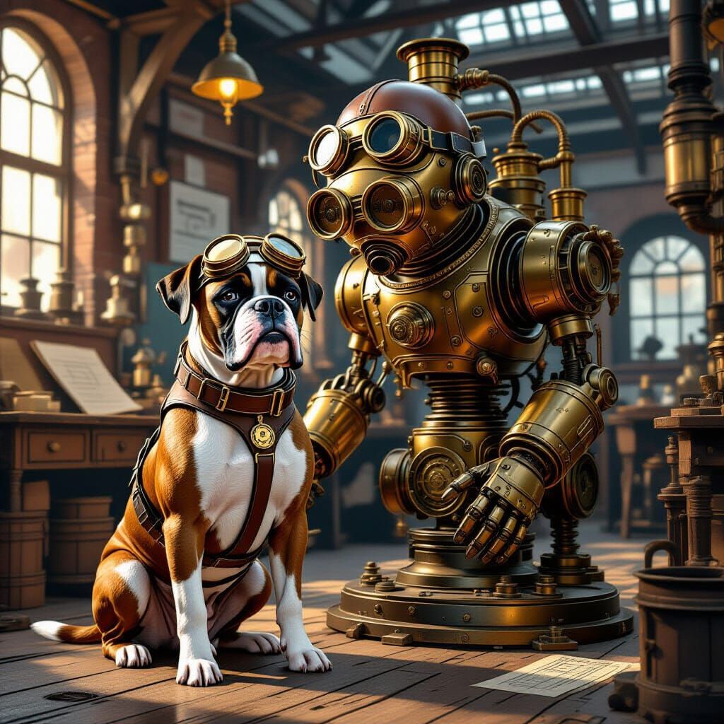 Boxer Dog with Aviator Gear Beside Steampunk Automaton