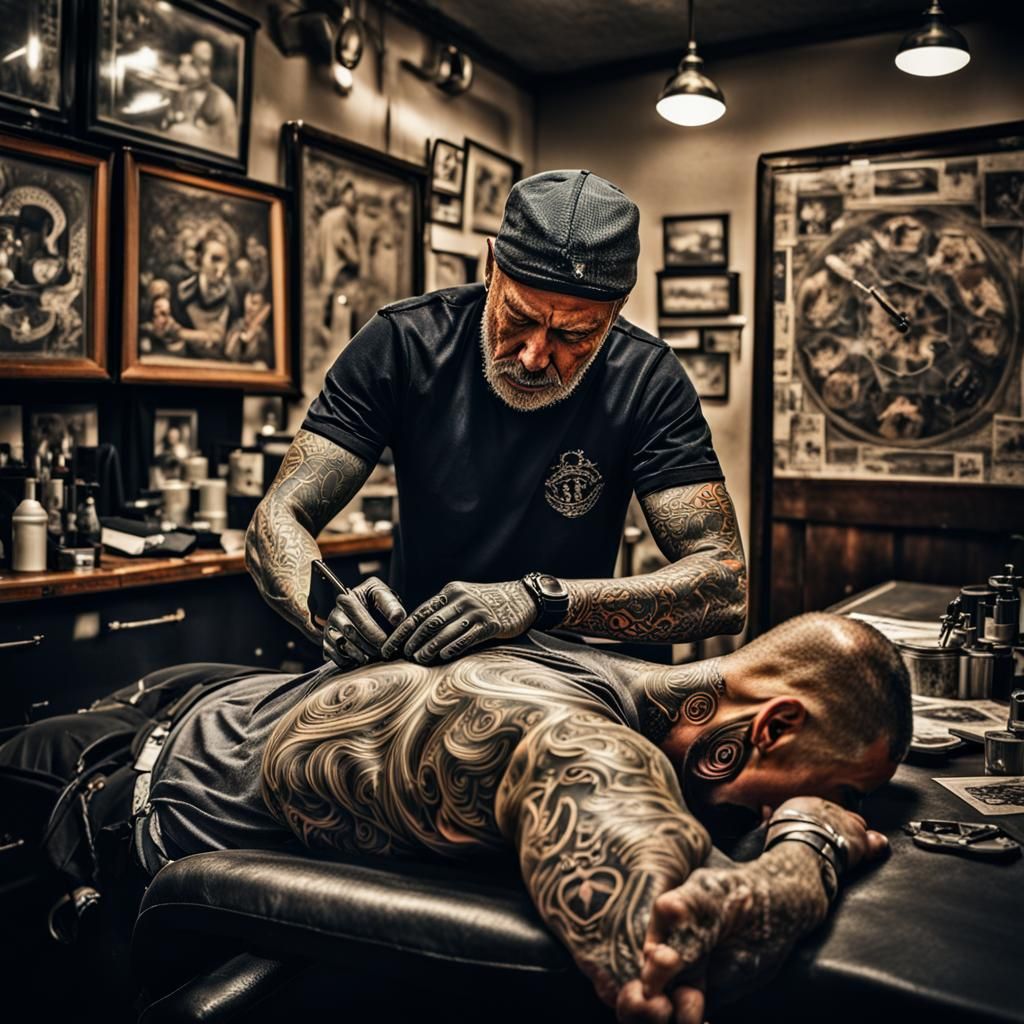 Intricate Tattoos in a Hyperrealistic Tattoo Parlor