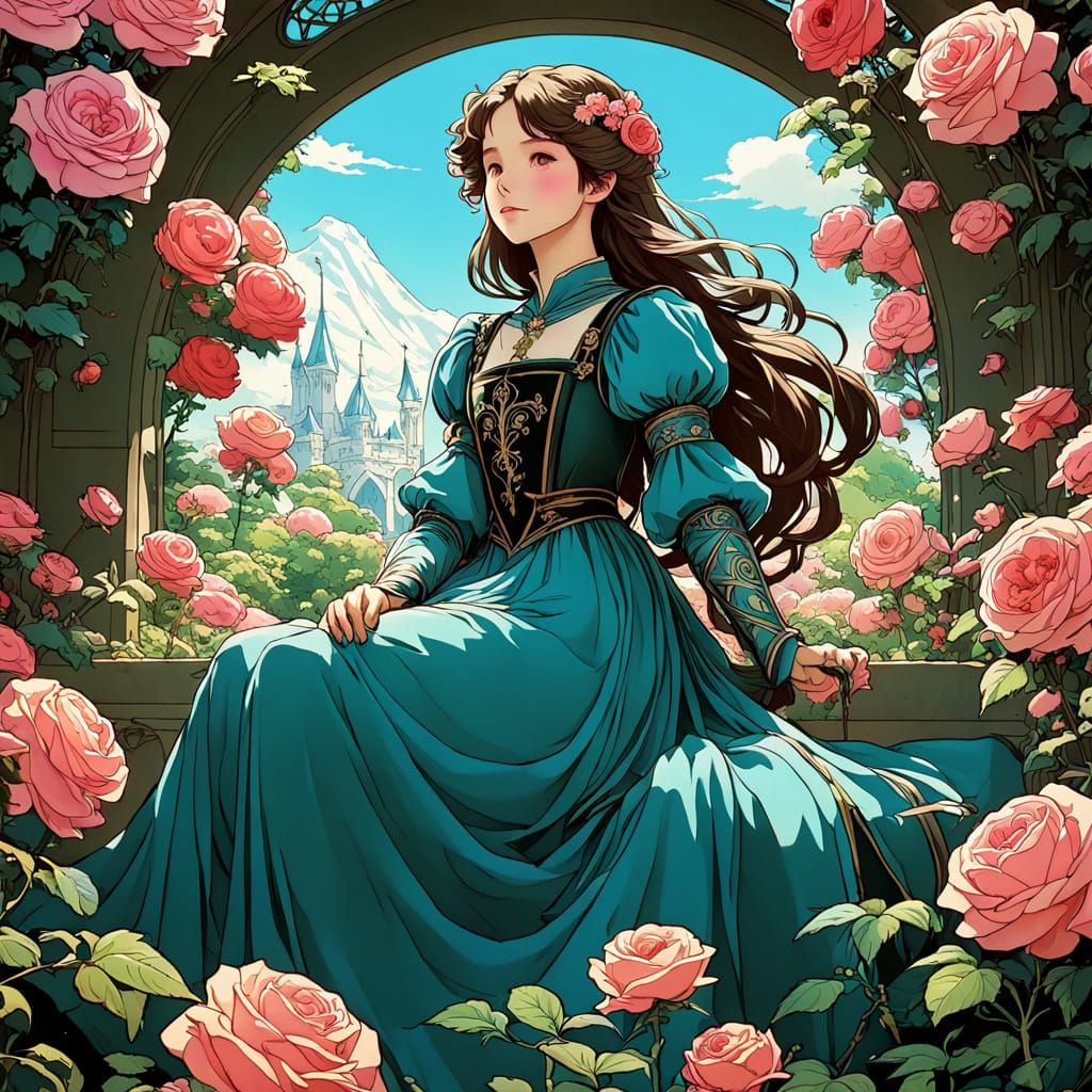 A Whimsical Rose Garden Scene in Medieval Cartoon Style