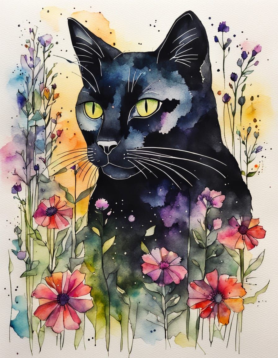Whimsical Cat Amidst Vibrant Wildflowers in Geometric Ink Ar...
