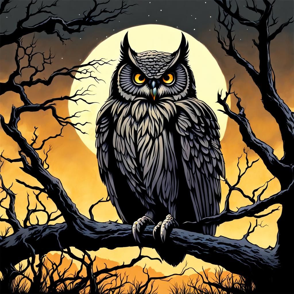 Ominous Owl at Twilight in Comic Art Style