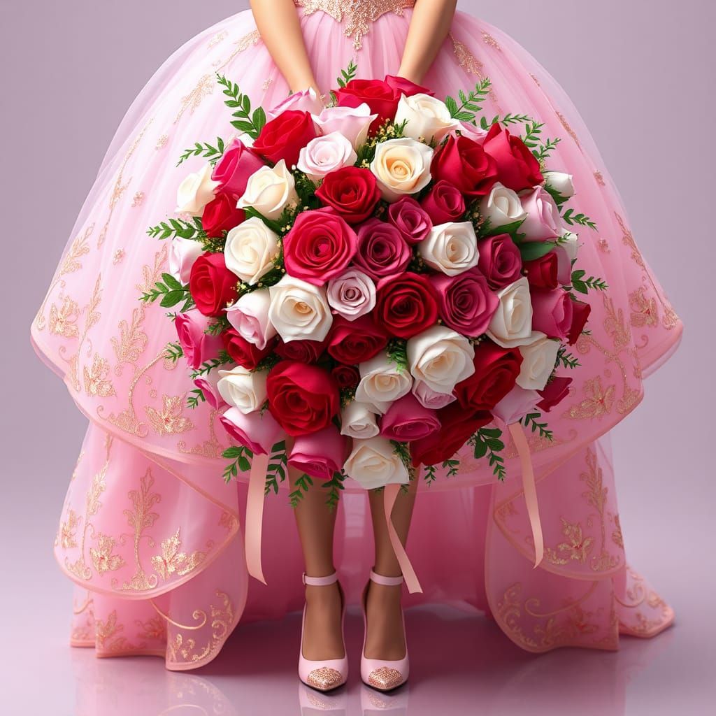 Woman in Pink Gown with Rose Bouquet: 3D Anime Art