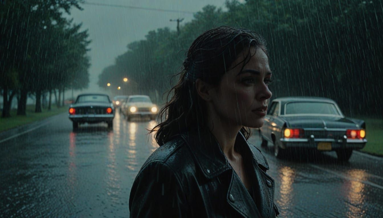 Film Noir Woman Walks Away in Rain