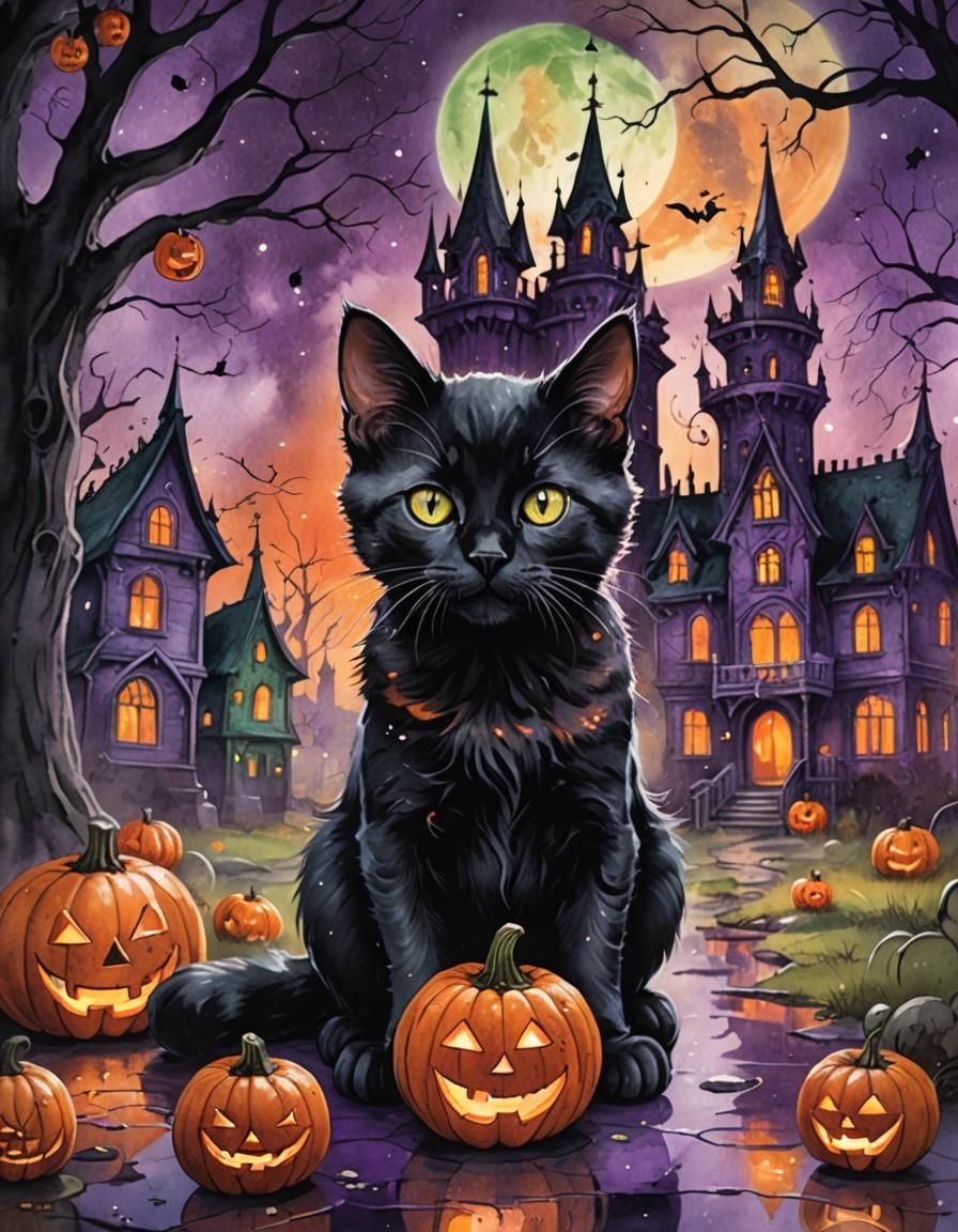 Vintage Black Kitten in Spooky Halloween Night Scene