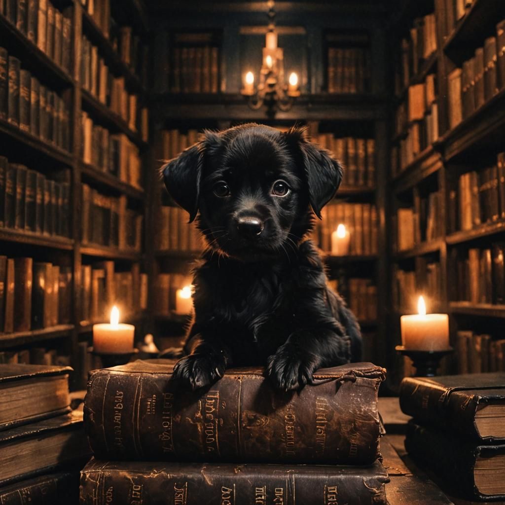 Black Puppy in Dark Academia Library Setting