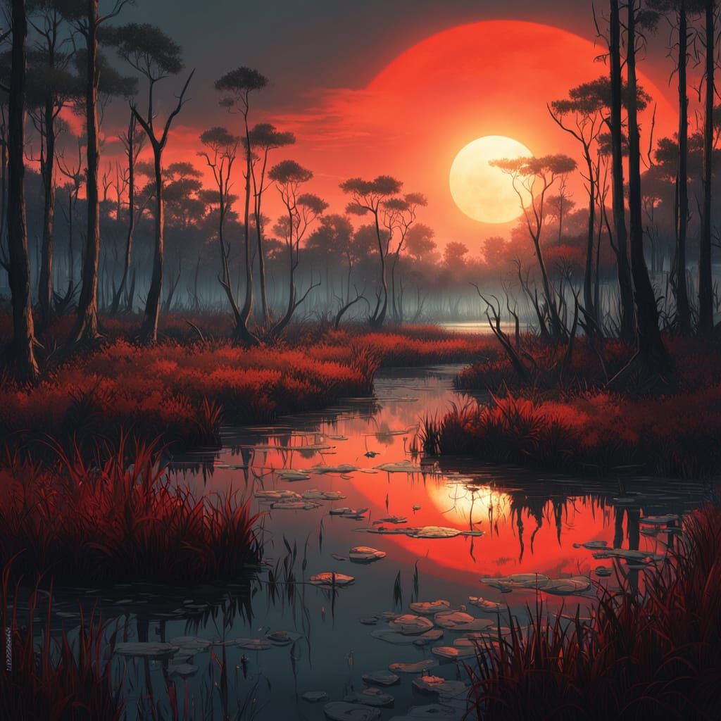 Eerie Swamp Landscape at Sunset With Sun Rays