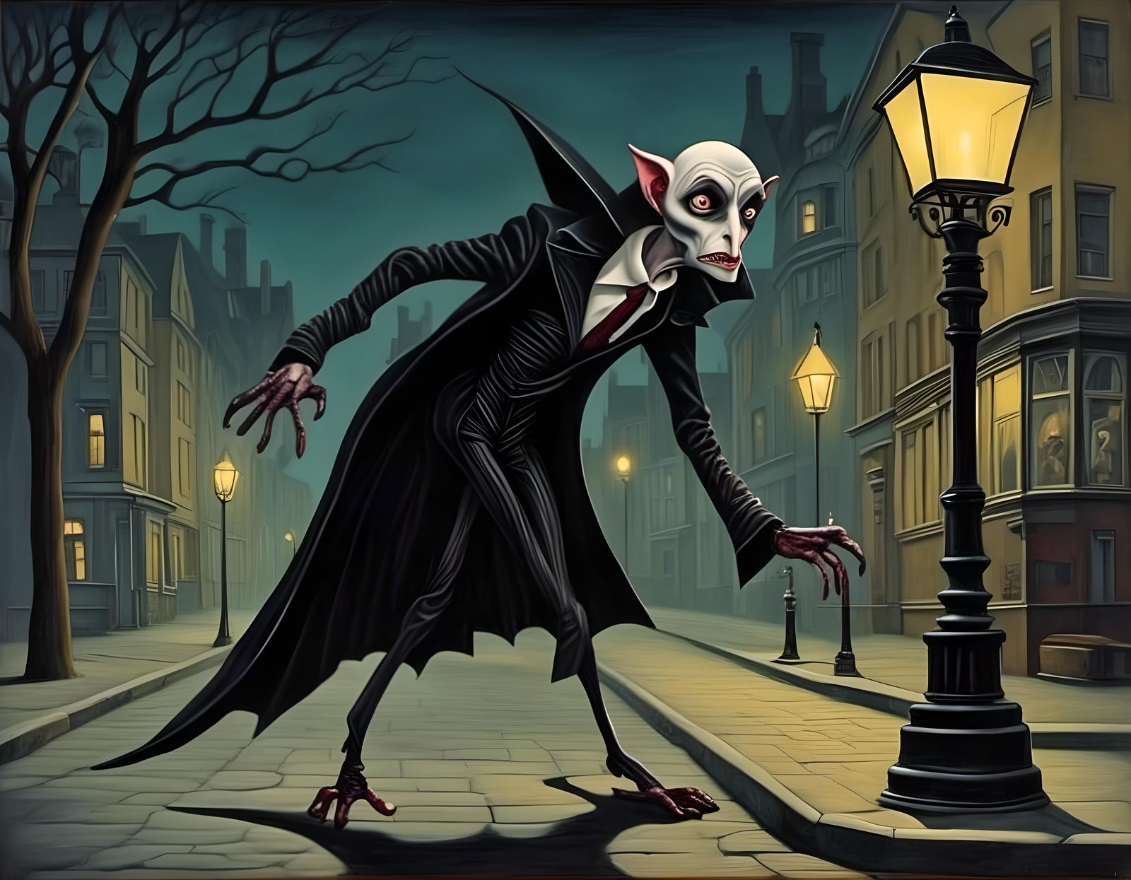 Nosferatu Creeps in Lamp Lit Avenue: Psychedelic Charcoal Ar...