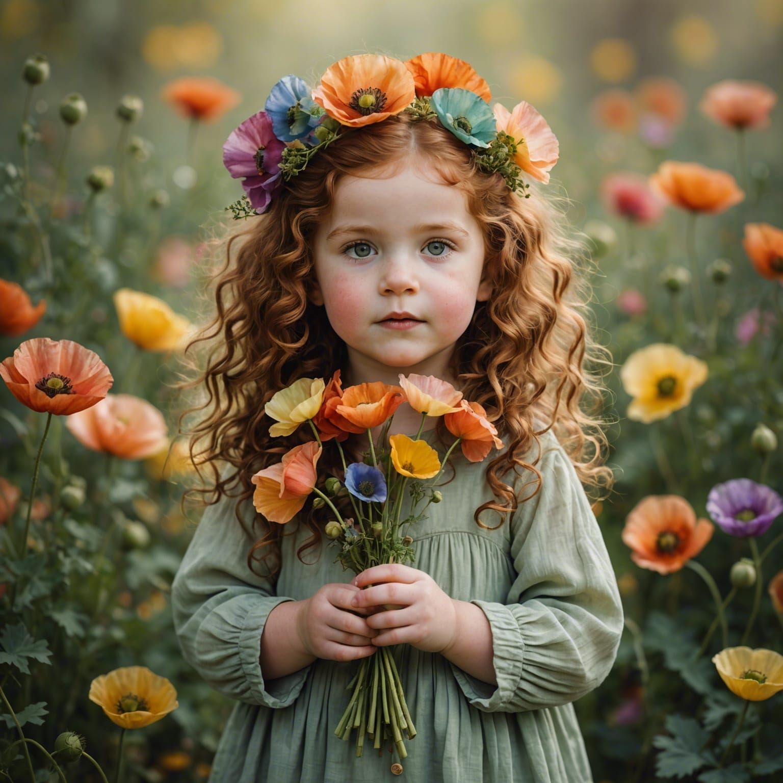 Auburn-Haired Toddler with Rainbow Poppies: Chalk Art