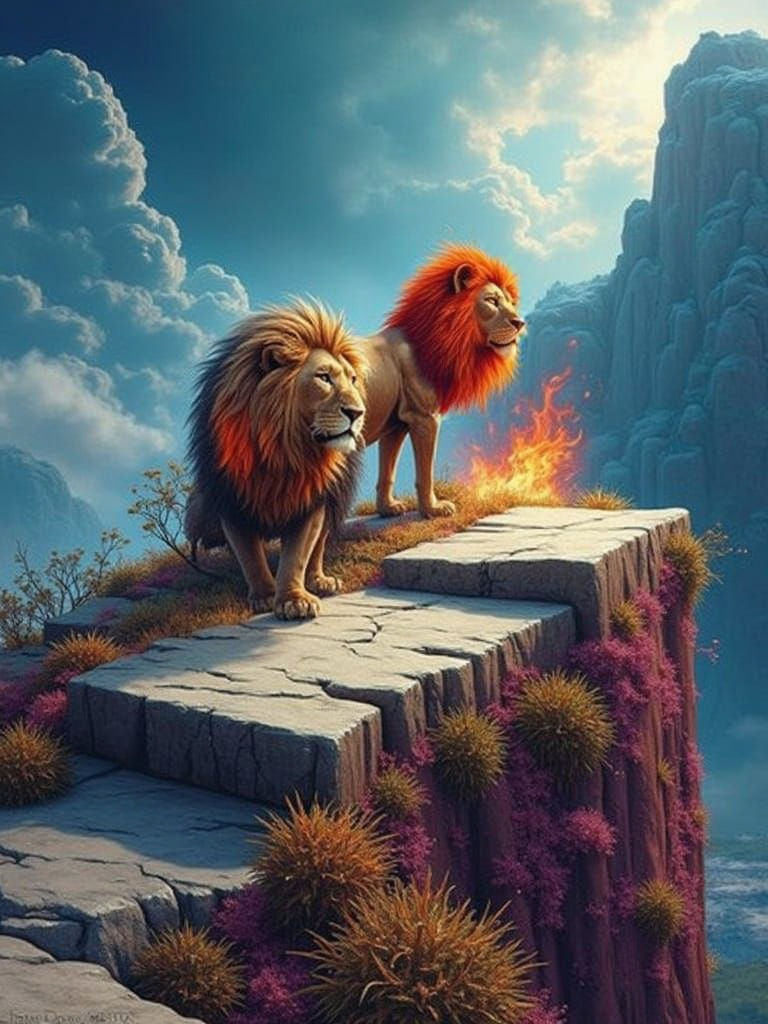 Fiery Lion Overlooking Savannah, Hyperrealistic Digital Art