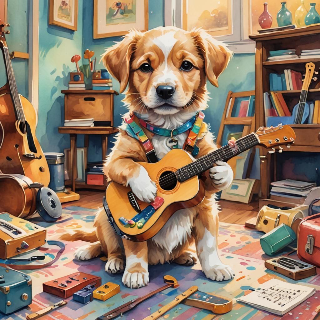 Puppy Plays Guitar in Whimsical Illustration