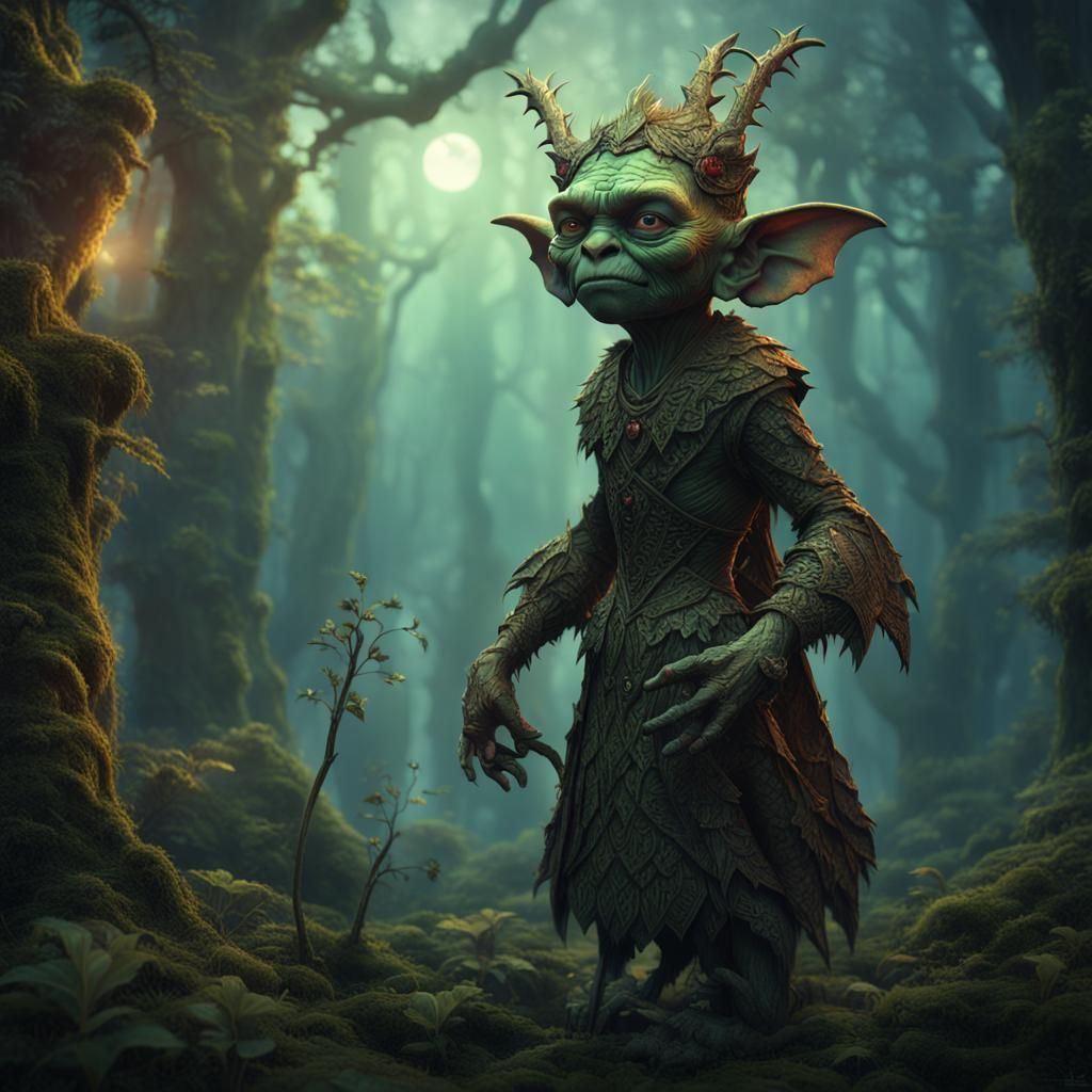 Delicate Goblin in Forest, Etching Style