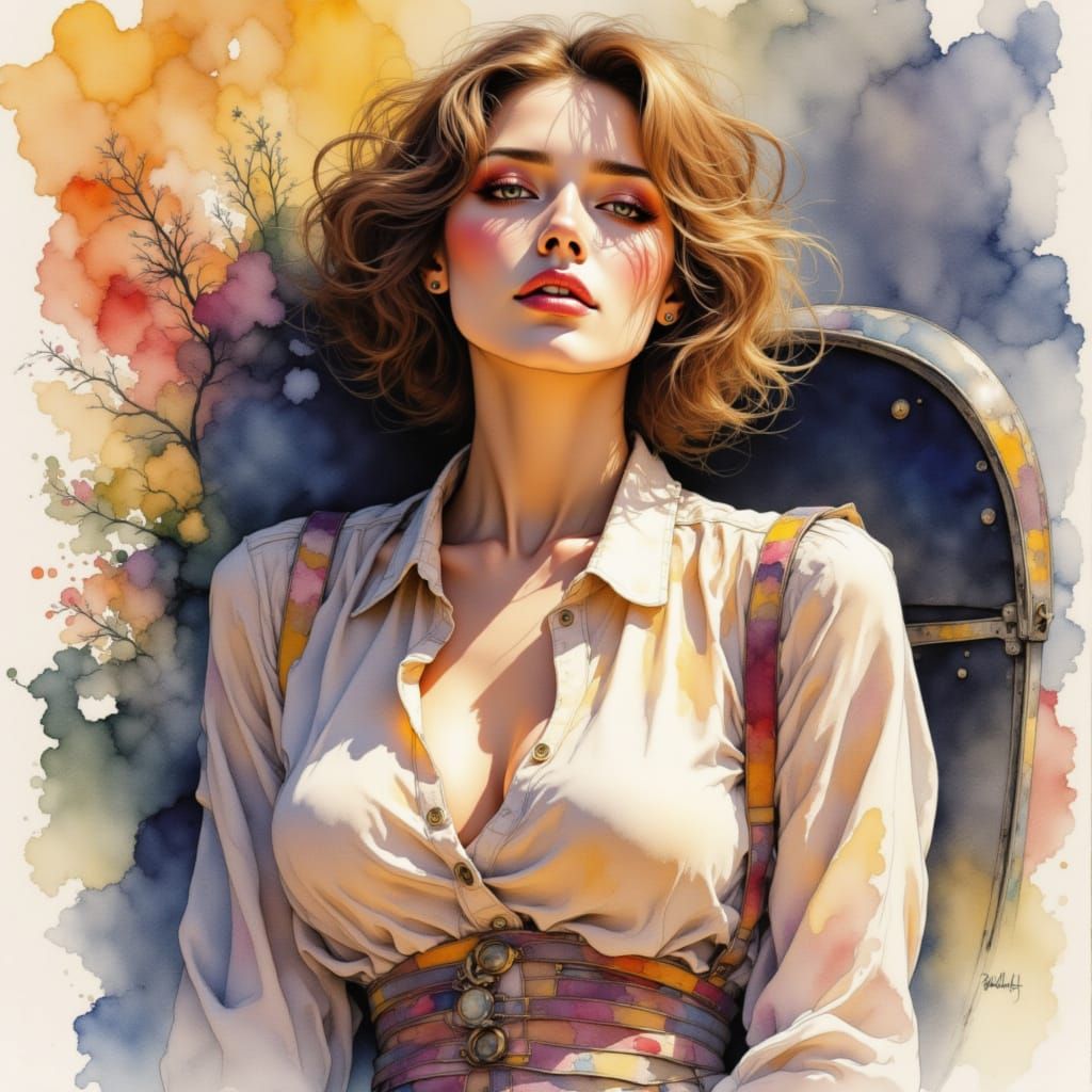 Flight Attendant Resting in Luminous Watercolor Style