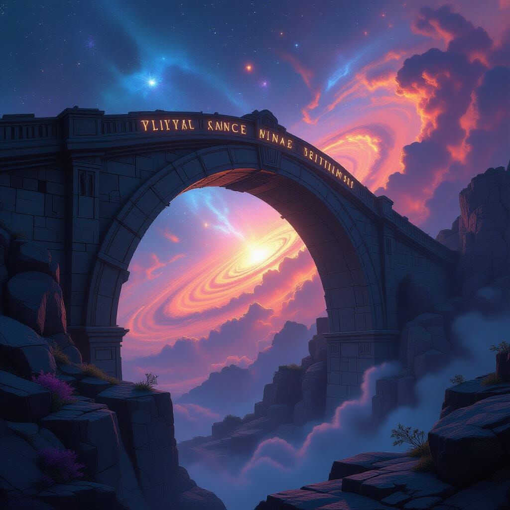 Ancient Stone Bridge Arches Over Nebula with Glowing Runes
