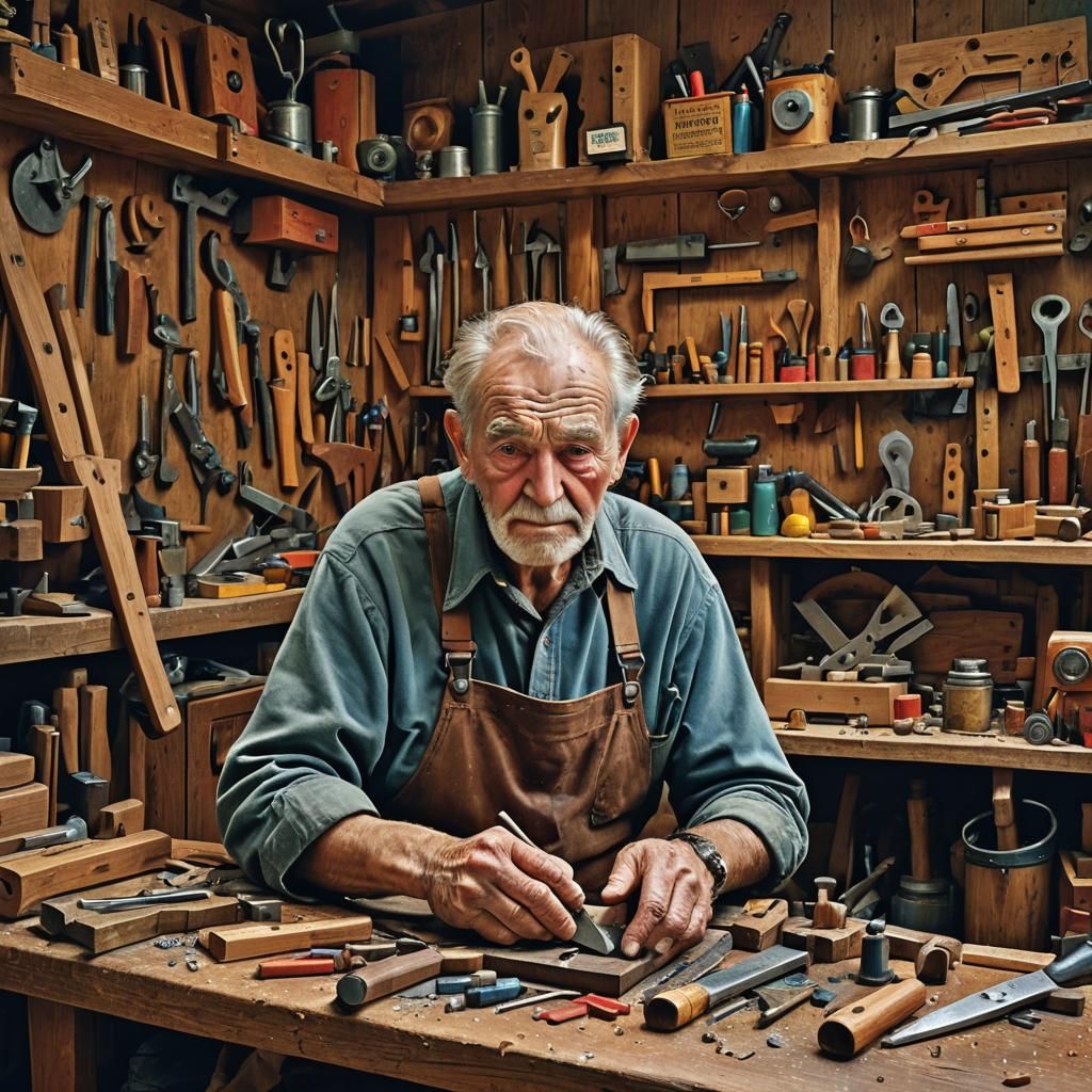 Elderly Woodworker in Workshop: Hyperrealistic Splash Art