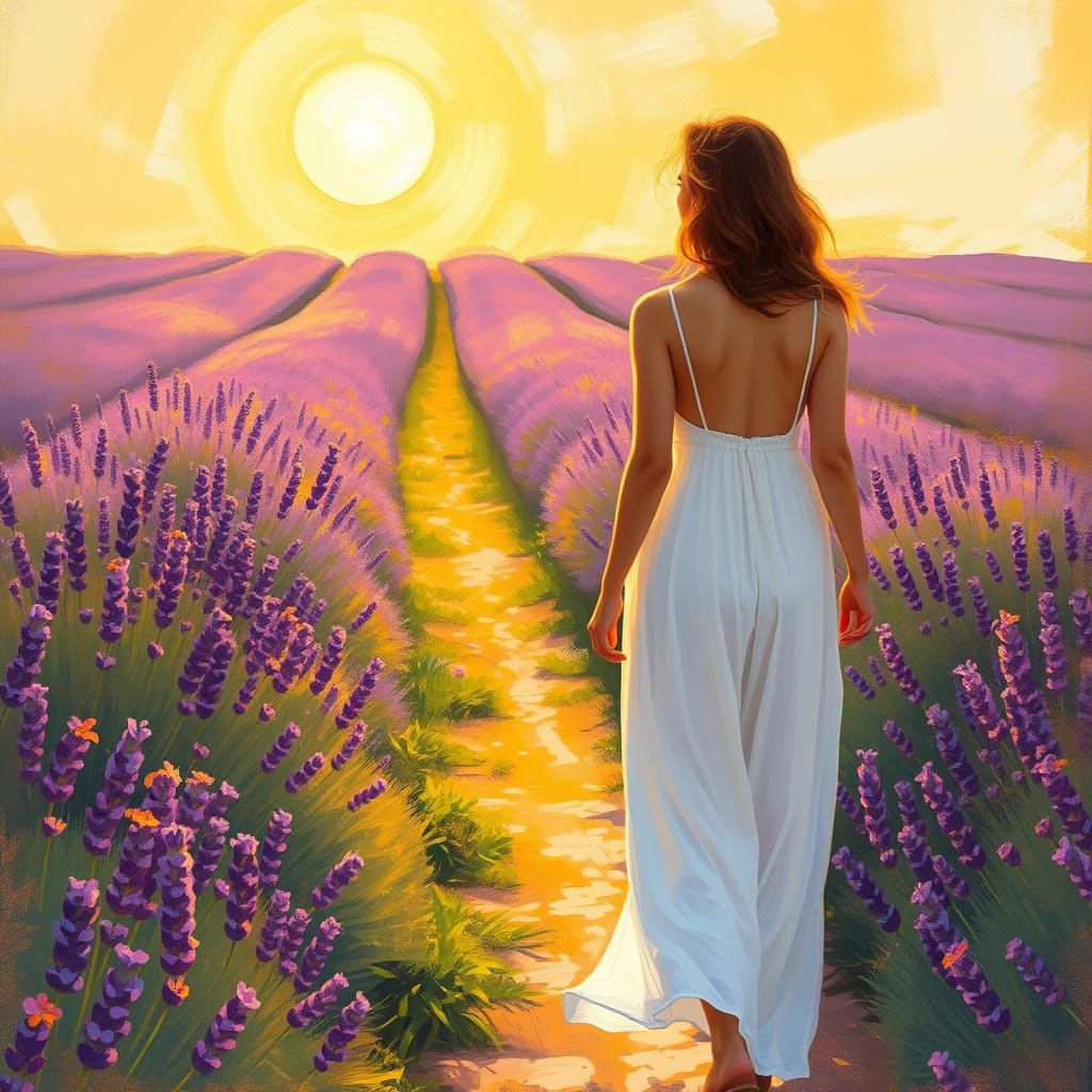 Lavender Field Walker in Impressionistic Style