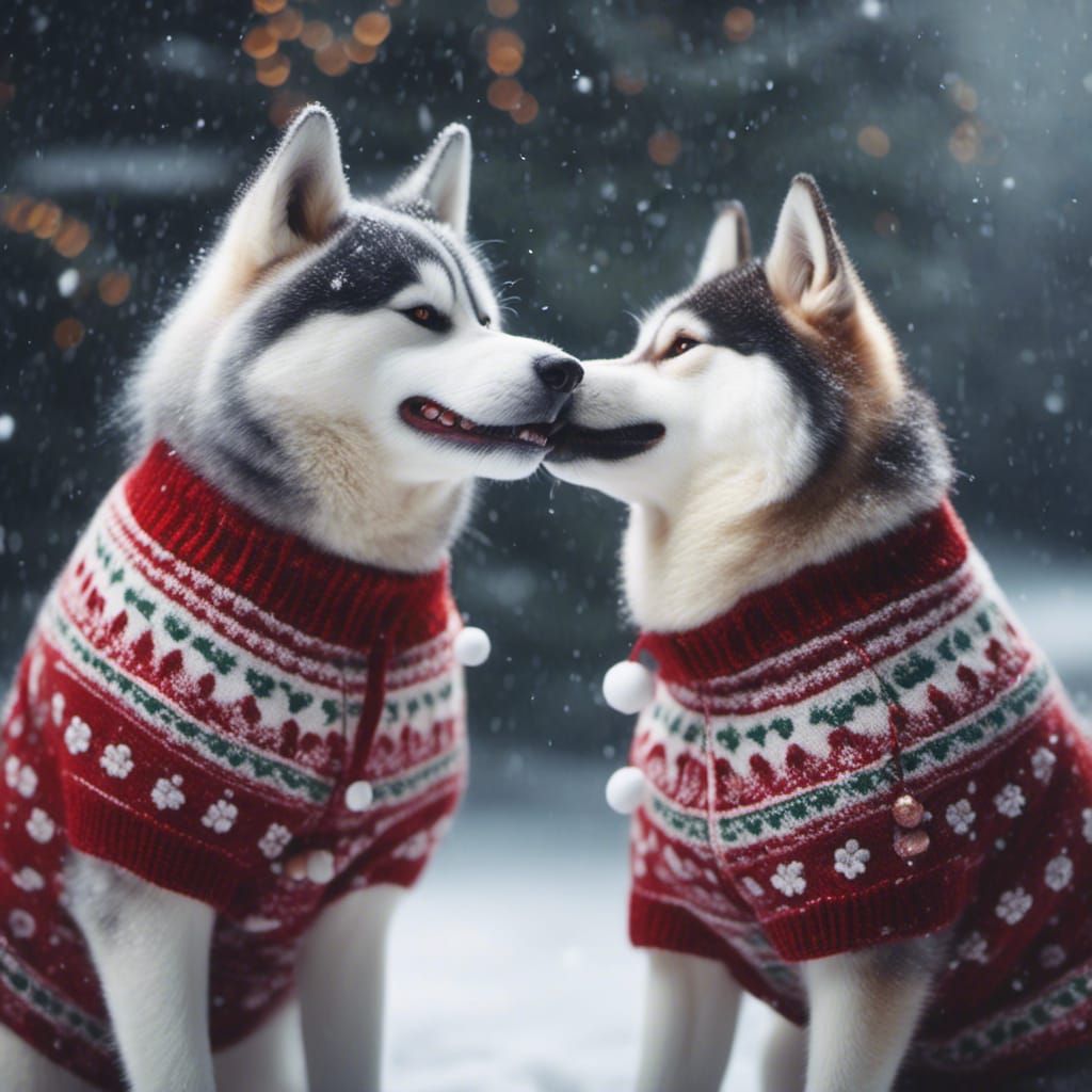 Huskies in Christmas Sweaters Play in Snow