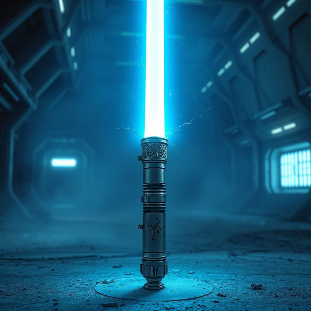 Cyan Lightsaber in Abandoned Space Station, Rugged and Haunt...