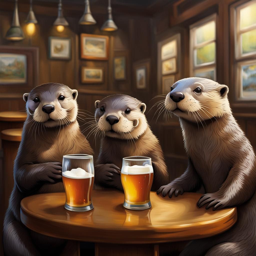 Otters Enjoying Beer at a Cozy Pub