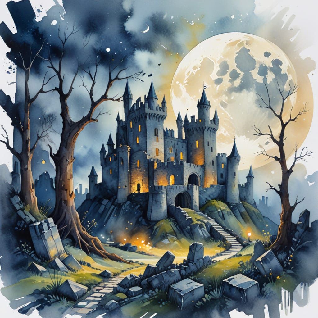 Moonlit Castle Ruins in Vibrant Watercolour
