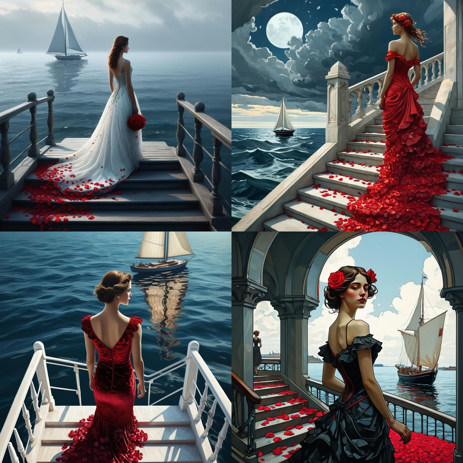 Woman in Rose Dress Overlooking Ocean, Art Nouveau Style