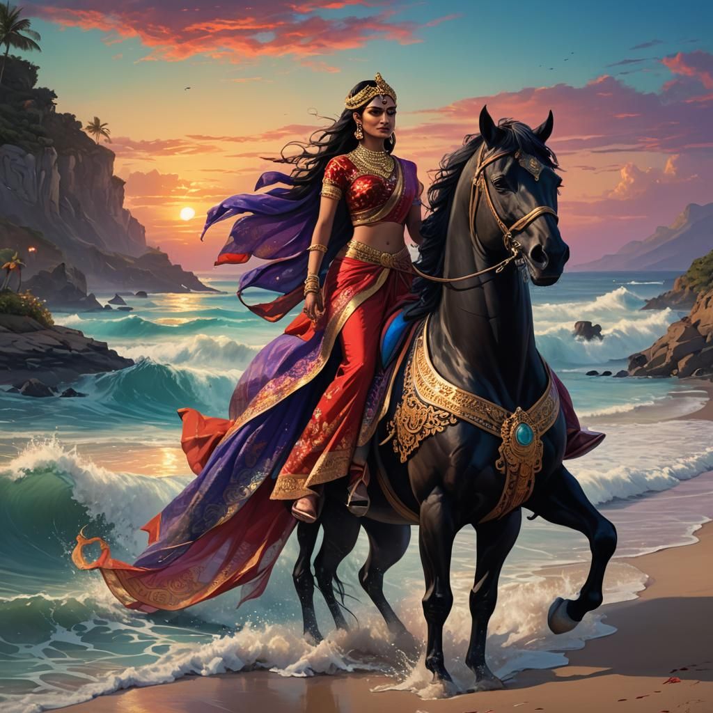 Hindu Queen on Horseback: High-Fantasy Concept Art