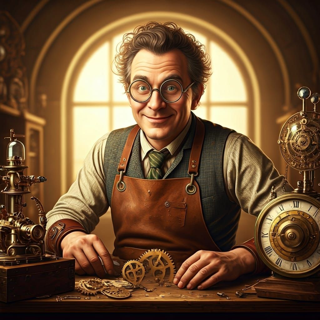 Clockwork Inventor in Golden Light, Rockwell Style