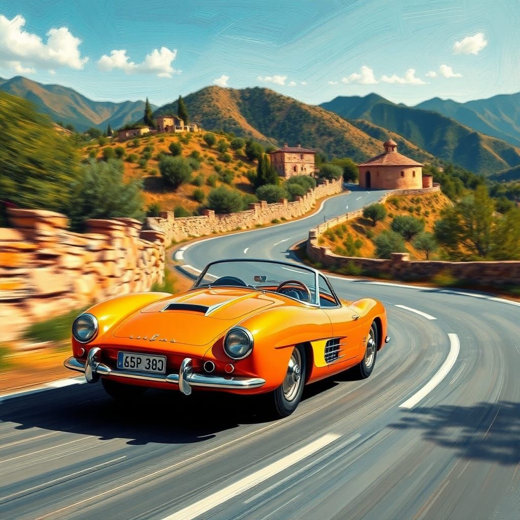 Vintage Car on Spanish Road, Surrealist Style