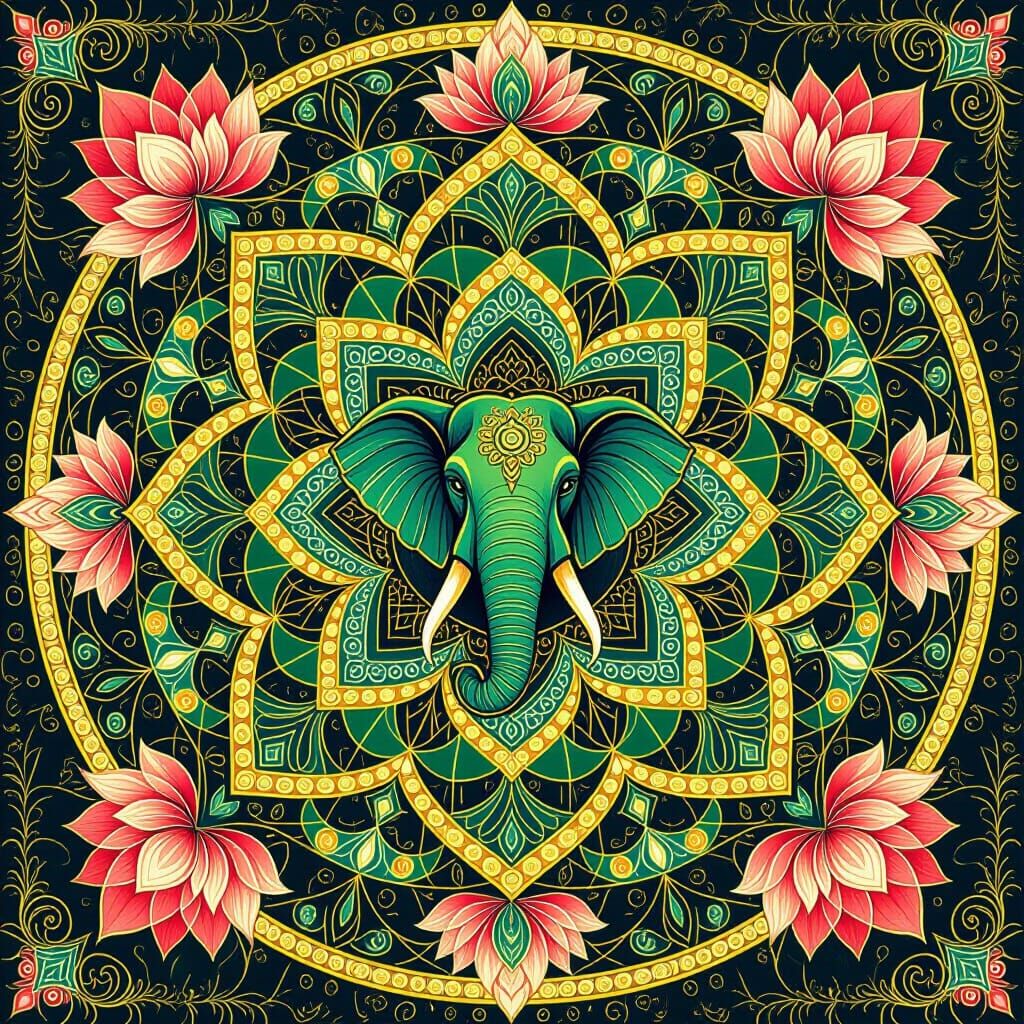 Kaleidoscopic Elephant Lotus Mandala in Psychedelic Mosaic S...