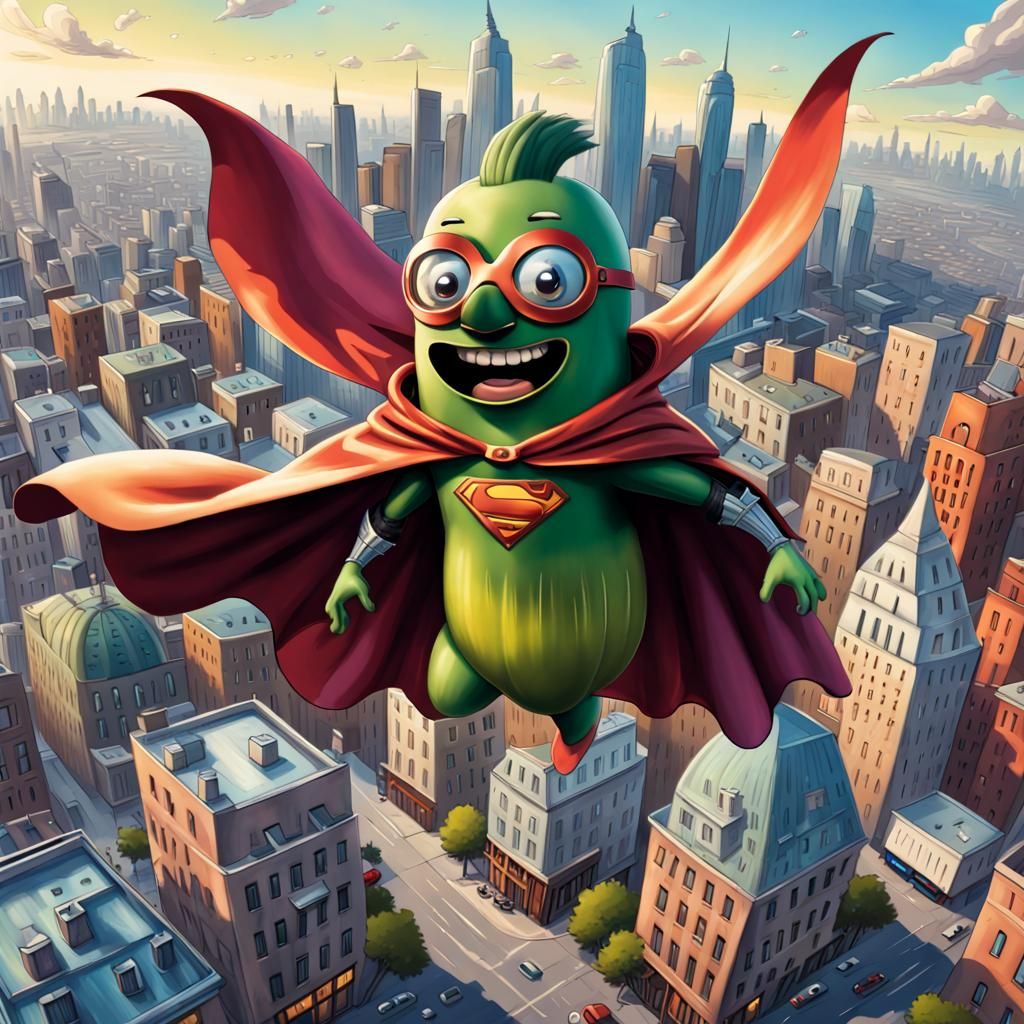 Ultra Cute Superpickle Soars Over City