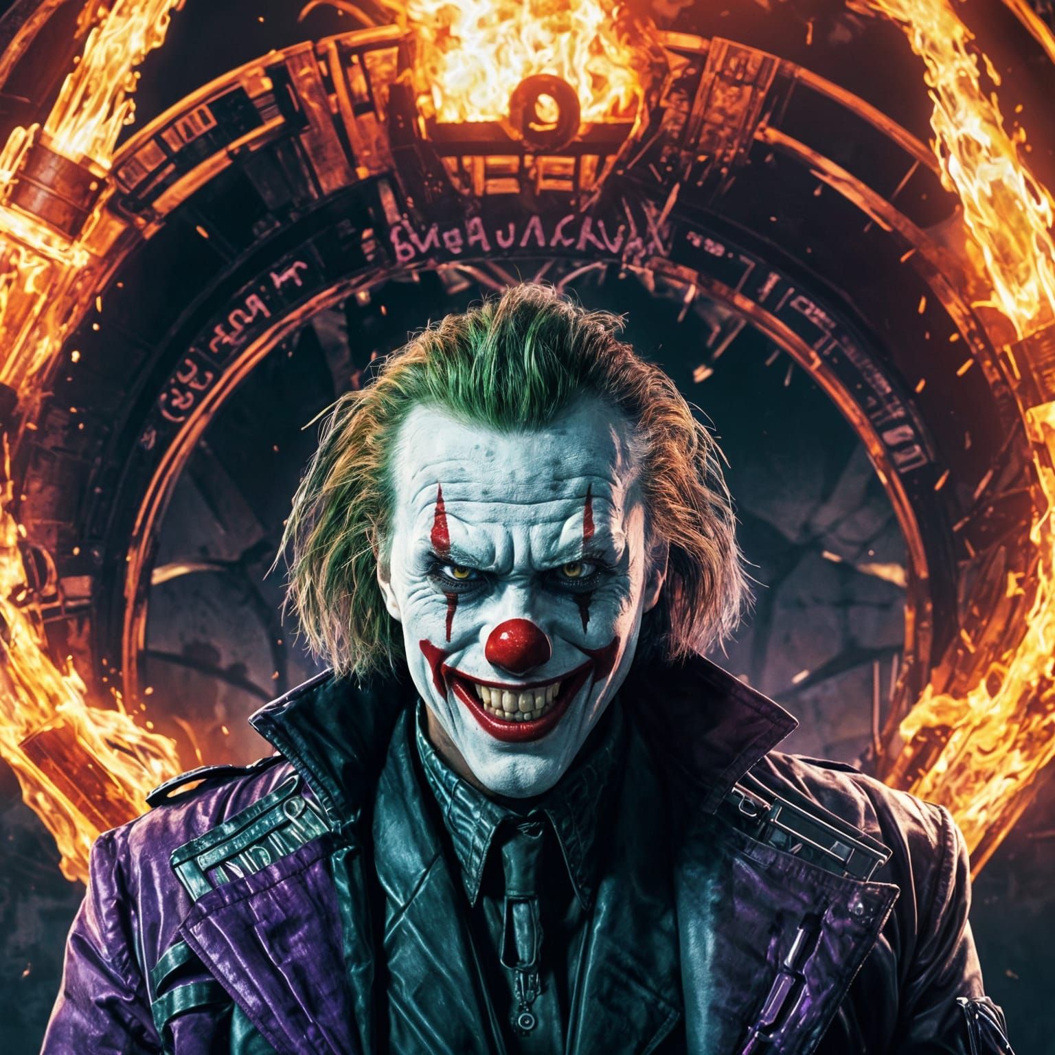 Sinister Cyberpunk Portrait in Burning Asylum