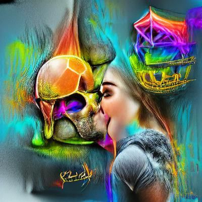 Princess Kissing Skull: Digital Art in Neon Style