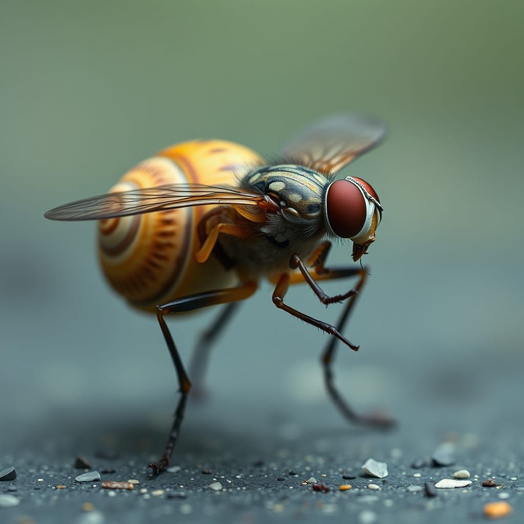 Surrealistic Hybrid Creature Emerges from Snail Shell