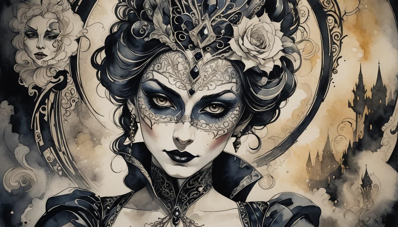 Vampire Queen in Art Deco Ink Sketch Portrait