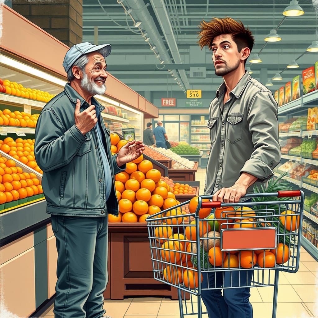 Man Shares Joyful Moment with Fellow Shopper in Busy Superma...