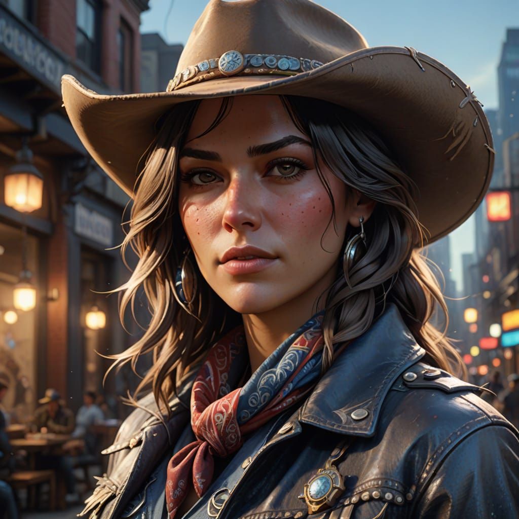 Detailed Cowgirl Portrait with Dynamic Lighting