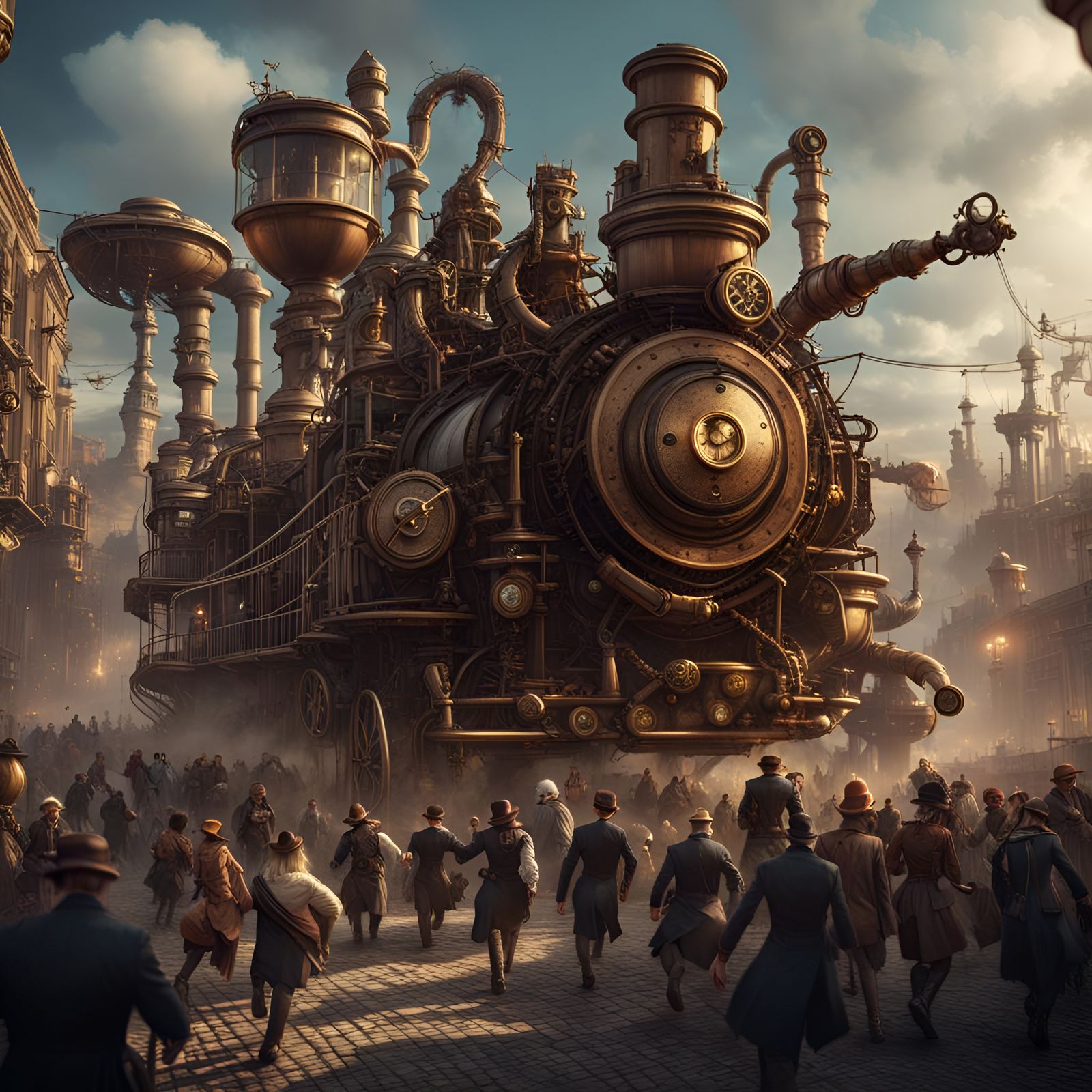 Steampunk Crowd Fleeing Machine Beasts in Detailed Painting