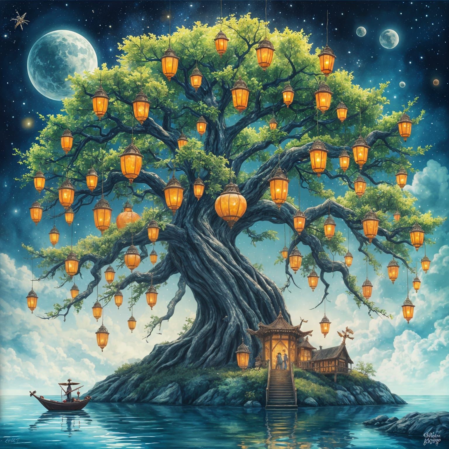 Fantasy Island Tree with Flying Lanterns