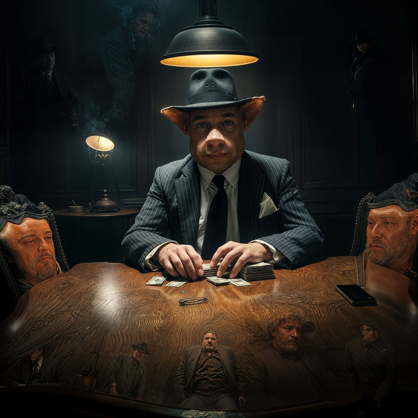 Gritty Film Noir Gangster Boss in a Smoky Backroom