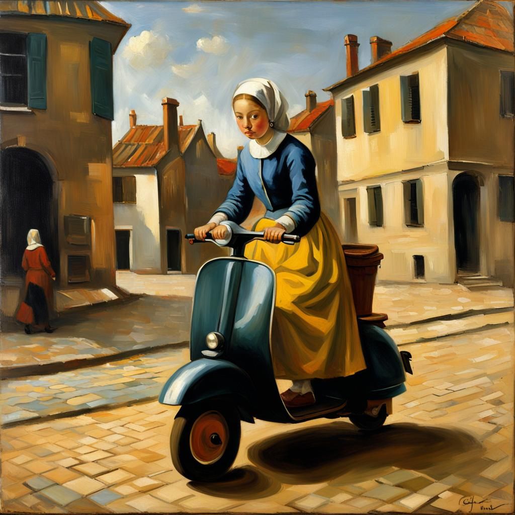 Girl with Pearl Earring on Scooter, Oil Painting
